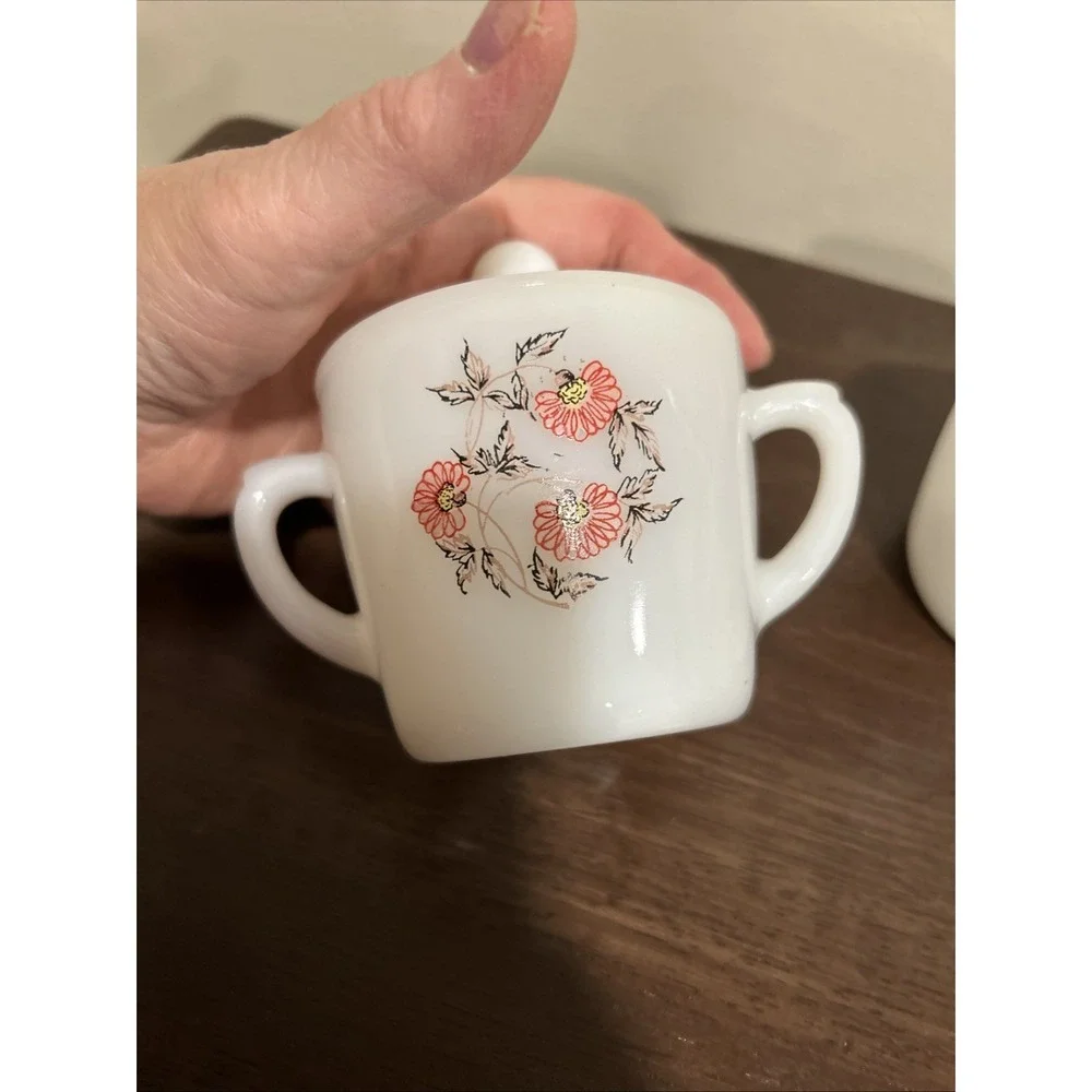 Fire King Fleurette Cream and Sugar Set Milk‎ Glass Floral Vintage